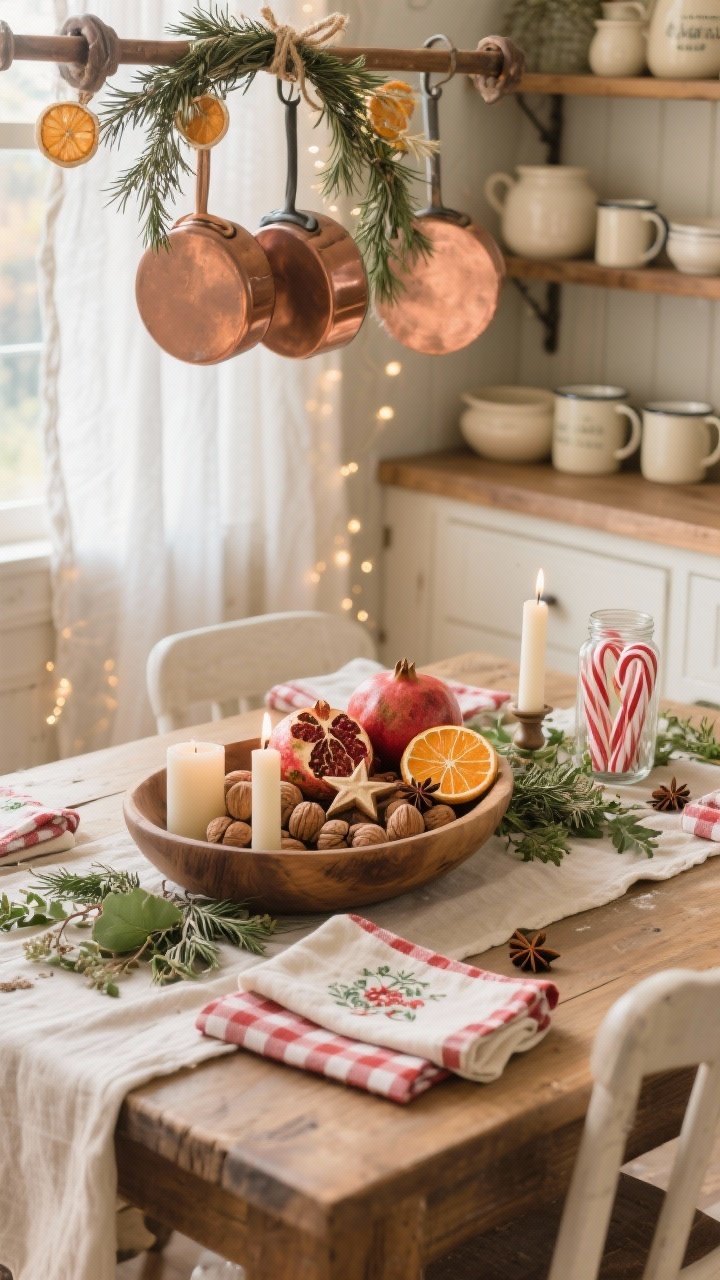 Overhead detail shot of a Woodland Kitchen Nook tablescape: farmhouse table with an undyed linen runner scattered with foraged greens; centerpiece wooden dough bowl filled with pomegranates, walnuts, star anise, and pillar candles; gingham napkins and embroidered tea towels peeking in frame; warm whites, clay reds, olive greens, and copper palette; pot rack above (just the edge) entwined with rosemary and twine-tied dried orange slices; open shelves in background blur with creamware, enamel mugs, and a glass jar of candy canes; soft morning glow with fairy-lit linen café curtain, cozy and aromatic.