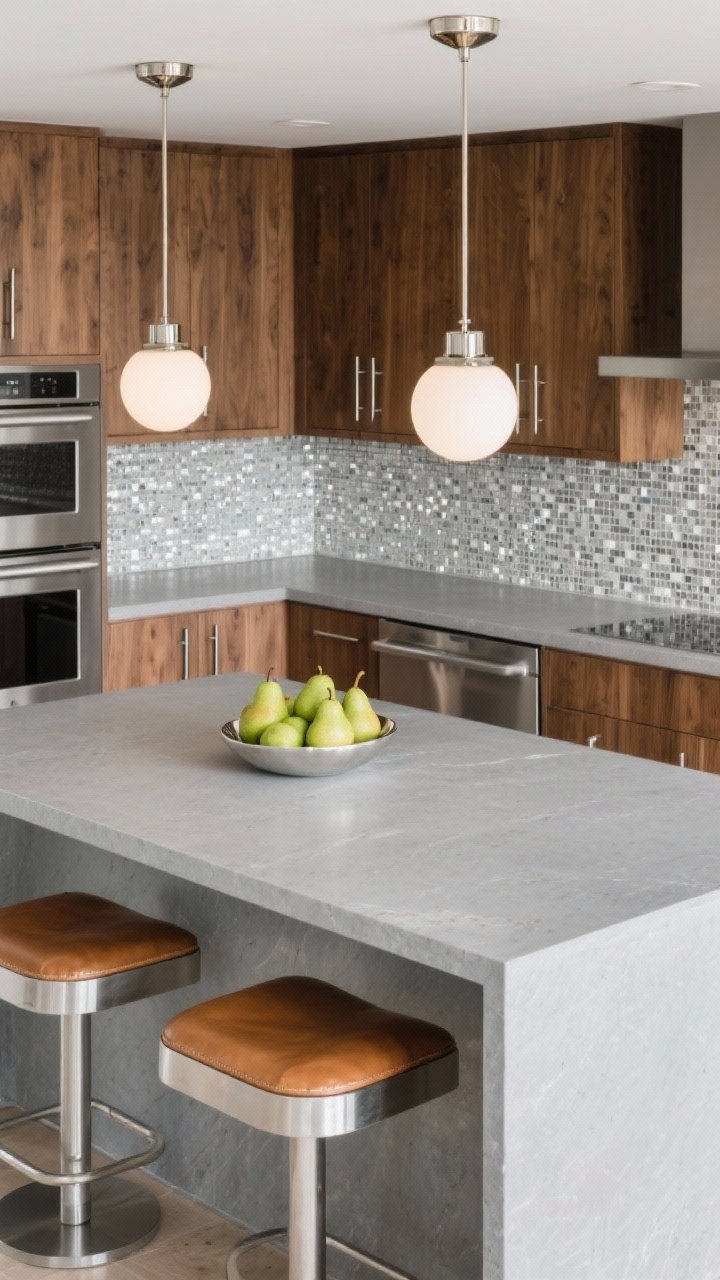 Overhead detail shot, Warm Modern kitchen island vignette: matte stone waterfall island in soft gray with diffused globe pendants with nickel caps casting gentle light; stainless steel appliances visible at edge of frame; slim silver cabinet hardware on flat-front walnut cabinetry; mosaic backsplash featuring tiny silver tiles woven through soft gray; counter stools with silver footrests and cognac leather seats partially in view; a silver fruit bowl holding green pears as the finishing touch; warm-cool balance, photorealistic.