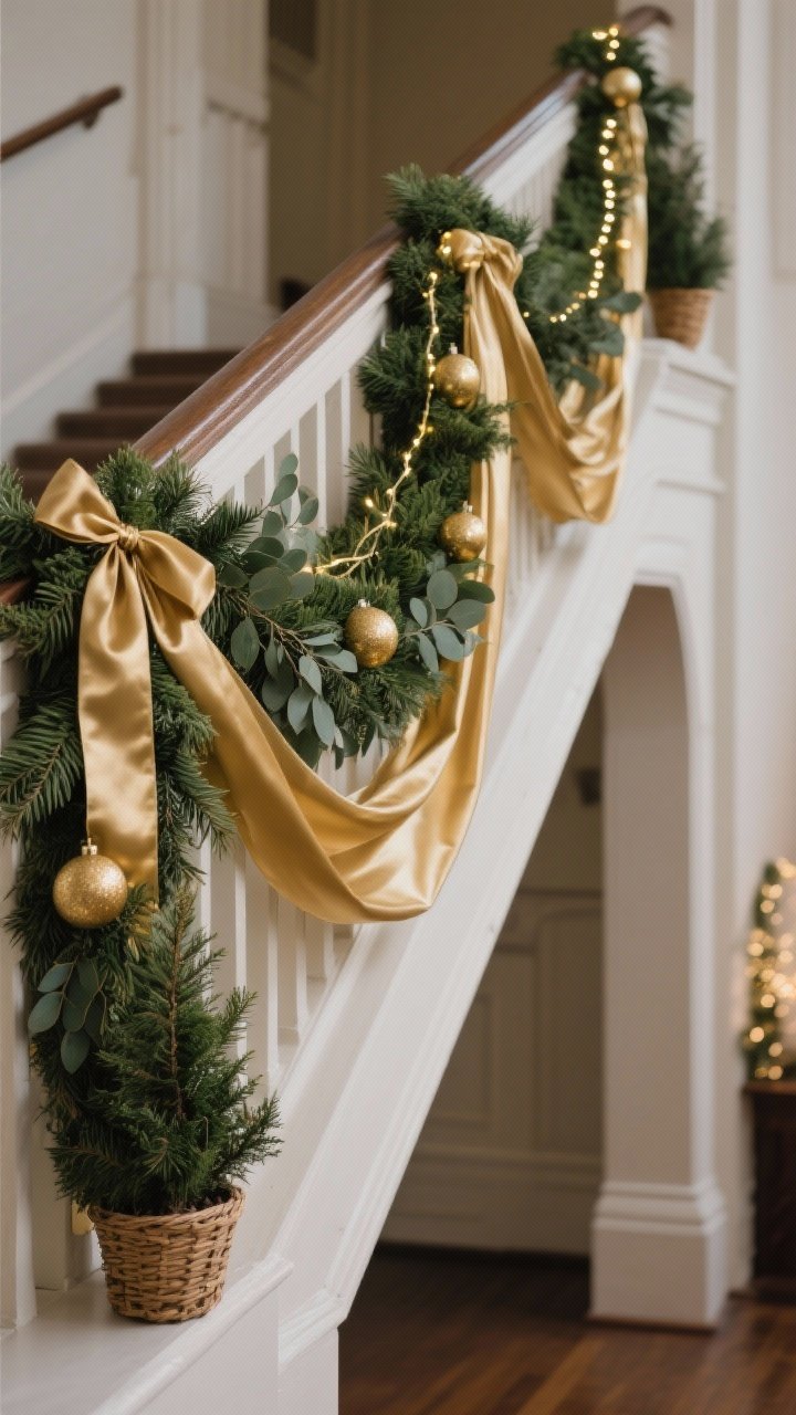 Photorealistic close-to-medium shot of a choir loft railing from a slight side angle: a thick faux cedar garland draped along the rail, interwoven with a thinner eucalyptus garland for depth. Long gold satin ribbons cascade down at even intervals, catching gentle light. At both corners, small potted evergreens sit in basket planters. Minimal ornaments—just a few matte gold balls tucked into the greenery. A single strand of micro-lights is subtly woven through the greens. Palette of deep green and soft gold; elegant, unobtrusive lighting; no people.