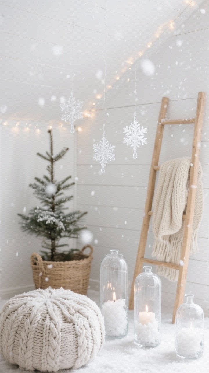 Photorealistic closeup/detail shot, Nordic Snowglobe Nook: white-on-white palette with a matte white shiplap backdrop softly lit by cascading string lights like falling snow; a blonde wood ladder casually leaned, draped with knit throws in oatmeal and cream; foreground detail of a linen pouf and chunky cable-knit blanket showing tactile fibers; acrylic snowflakes hanging at varied drops catching light; trio of clear hurricane vases filled with Epsom salt “snow” and battery candles; a slim Norfolk pine in a jute basket softly blurred in background; serene, cozy, editorial minimalism, no people.