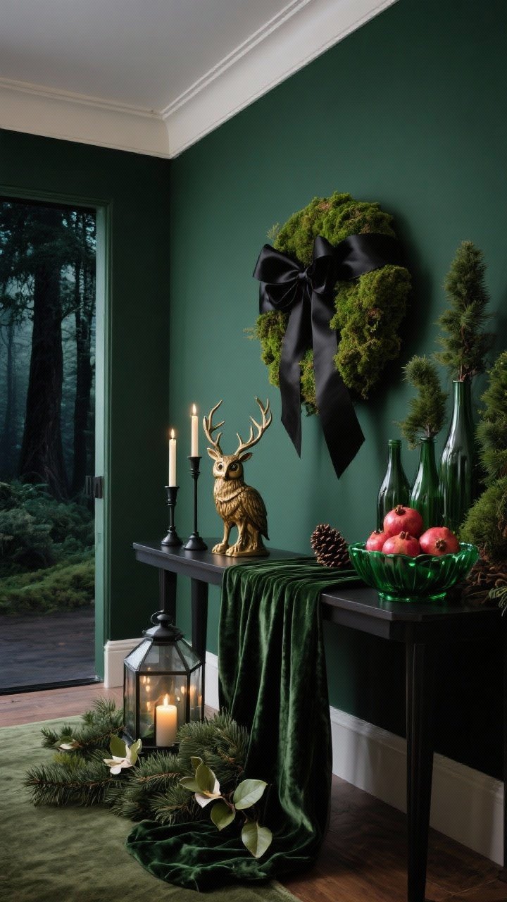 Photorealistic corner medium shot, Moody Forest Luxe entry: ink green wall with a mossy wreath tied with a black satin ribbon; dark console draped in a deep velvet table runner; brass woodland figurines (stag, owl, pinecone) arranged beside taper candles in matte black holders; forest-green runner on the floor; cedar boughs mixed with juniper and magnolia leaves cascading along the console; smoked glass lanterns with battery candles for layered moody light; cluster of bottlebrush trees in deep greens and emerald glass bowls filled with pomegranates; dramatic, sophisticated, night-forest vibe, no people.