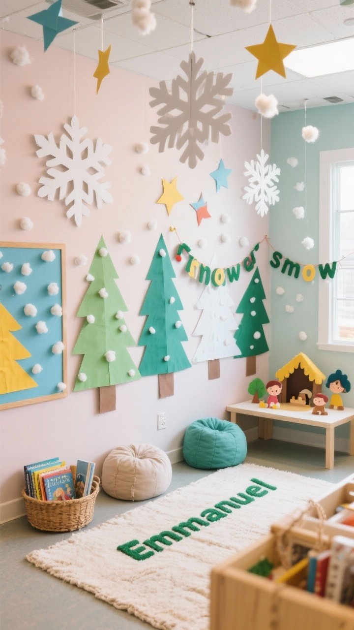 Photorealistic detail/overhead hybrid shot focusing on playful paper crafts in a children’s wing: flat paper trees taped along a pastel wall, large hanging paper snowflakes descending from the ceiling, construction paper stars, and cotton ball “snow” clustered on a bulletin board. In a nearby reading corner, the edge of a cozy rug with two small beanbags and a basket of Christmas books is visible; a felt garland spelling “Emmanuel” and a child-friendly nativity set on a low table. Palette of evergreen, sky blue, sunshine yellow, and white; materials include paper, felt, cotton, and twine; bright, even lighting; no people.