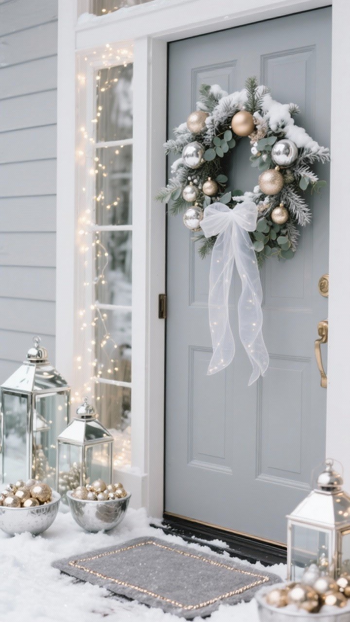 Photorealistic exterior detail closeup, angled three-quarter view focusing on frosted glam metallics: soft dove gray door as backdrop, snow-dusted wreath with eucalyptus and frosted cedar adorned with metallic ornaments in champagne, silver, and pearl white, sheer organza ribbon catching light, cool-white micro LED fairy lights twinkling, mirrored or mercury glass lanterns nearby reflecting sparkle, low bowls filled with metallic ornaments and faux snow at the threshold edge, a soft gray doormat with a subtle metallic thread border visible, cool wintry ambiance with crisp reflections and glimmer.