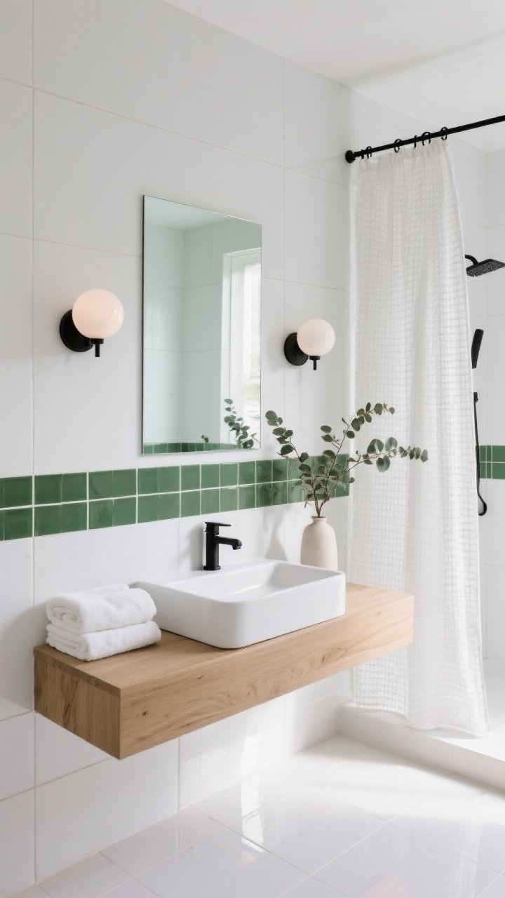 Photorealistic medium bath shot, contemporary spa feel: white zellige tiles throughout with a single-course hunter green stacked ceramic tile band at eye level wrapping the room, white oak floating vanity with matte black taps, opal globe sconces flanking a simple mirror for soft diffusion, waffle shower curtain partially drawn, eucalyptus branches in a simple vase, plush white towels neatly folded; clean, bright lighting with gentle reflections on zellige gloss, straight-on perspective to highlight the green stripe ribbon effect.