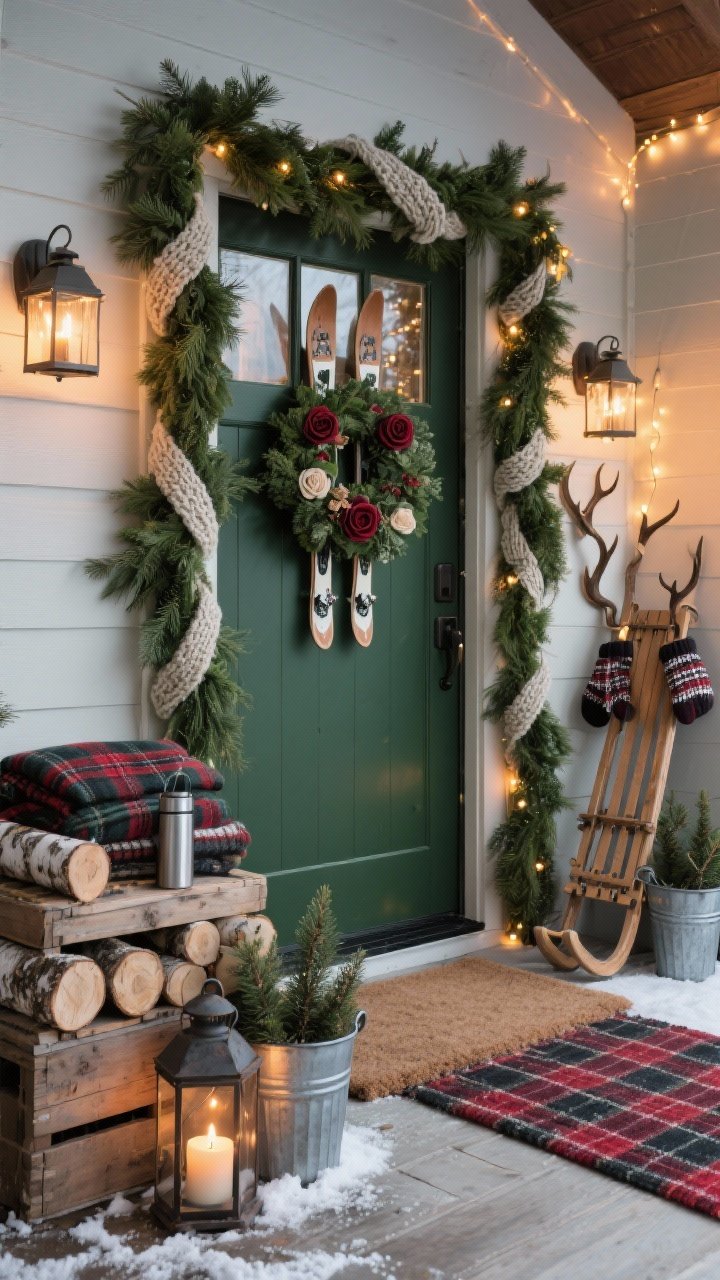 Photorealistic medium, cozy alpine entry at a slight angle: thick mixed-green garland with chunky knit ribbon woven through wraps the frame; wreath of pine, cedar roses, and tiny skis or snowshoes on the door; rustic crates stacked with cut birch logs, folded plaid blankets, and a metal thermos; iron lanterns with warm pine-scented candles; buffalo-check runner under the doormat; antler-style hooks holding mittens; galvanized buckets with mini evergreens; a vintage sled leaning by the jamb wrapped in twinkle lights; palette deep green, charcoal, cream, classic red plaid; warm evening glow with gentle string lights.
