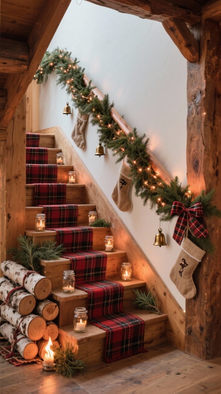 Photorealistic medium, cozy corner-angle shot of a rustic lodge staircase: thick cedar garland interlaced with copper fairy lights for a warm glow along the handrail; mini burlap stockings and bronze jingle bells spaced down the banister; alternating steps feature natural wood slices topped with small mason jars holding tea lights and sprigs of rosemary; a buffalo plaid runner or stair treads in red and black; natural wood tones, copper, deep red, evergreen palette; a stacked bundle of birch logs tied with plaid ribbon at the base; warm, firelit ambience; no people.