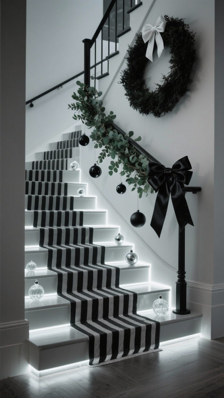 Photorealistic medium, dramatic side-angle shot of a modern monochrome black and white staircase: streamlined graphite eucalyptus garland along the rail (natural or spray-painted), tied with sharp black satin ribbon bows; matte black ornaments with a few clear glass baubles for contrast; subtle LED strip lighting under each step lip creating a floating effect; a bold black-and-white striped runner aligning the treads; palette of black, white, charcoal, soft green; a striking black metal wreath with a single white bow at the newel; crisp, contemporary evening lighting; no people.