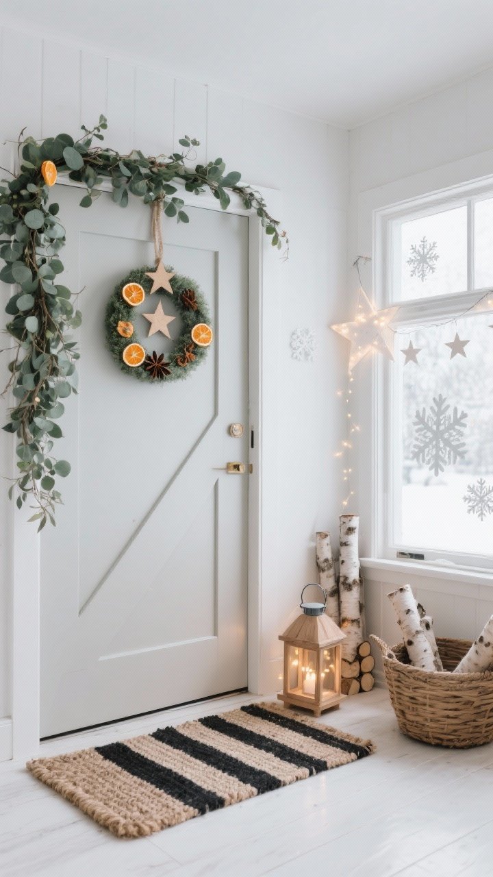 Photorealistic medium, minimalist Scandinavian entry captured from a slight corner angle: a matte door with an asymmetrical eucalyptus garland hugging the top-left and trailing down one side; a whitewashed wreath embellished with dried orange slices and star anise; a coir mat layered over a black-and-cream striped rug; pale natural wood lanterns filled with battery fairy lights; sidelight window shows minimalist paper star lights; a basket of birch logs; frosted window decals in simple snowflake silhouettes; color palette white, soft gray, natural wood, muted green; soft, diffused “snowy morning” daylight.