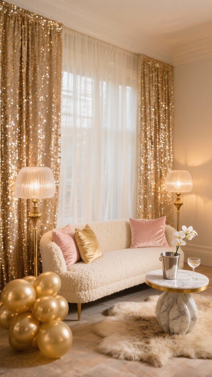 Photorealistic medium shot, Champagne Chic Lounge: a floor-to-ceiling champagne sequin curtain layered with a sheer ivory voile panel softly diffusing light; in front, a cream bouclé loveseat flanked by slender antique brass floor lamps with frosted globe shades set to warm white 2700K; blush and pale gold velvet throw pillows; a round marble-and-brass side table styled with a silver ice bucket, coupe glasses, and a petite white orchid; on the floor, a faux sheepskin rug and a sculpted cluster of matte gold balloons at ankle height (no helium), textures of sequins, bouclé, velvet, frosted glass glowing in a golden-hour ambiance, no people.