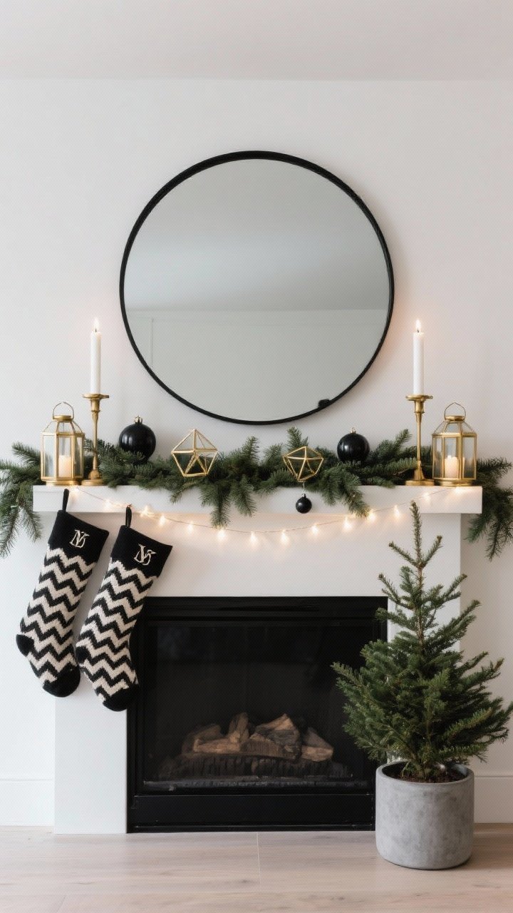Photorealistic medium shot, clean straight-on composition of a Modern Minimalist Spark mantel: a large black metal round mirror anchors the wall. A straight-cut cedar garland lies crisp across the ledge—no swags—trimmed with a few matte black ornaments and brass geometric shapes. Two matching brass hurricane lanterns at either end house tall white pillar candles. Stockings are black-and-cream herringbone or crisp canvas with monograms. A single strand of warm white LEDs is tucked deep into the greenery to highlight form. On the floor, a low concrete planter holds a small potted spruce. Tight palette of black, brass, evergreen, and one subtle pop of deep forest green; sculptural, intentional, quietly festive lighting.