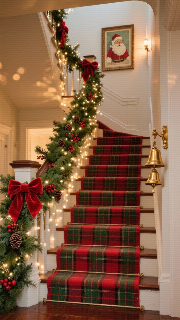 Photorealistic medium shot from the bottom of a staircase looking up: a classic red and green heritage staircase with a thick evergreen garland sweeping along the banister, layered with loose velvet red ribbon bows every few steps; clusters of warm white fairy lights woven through, sprigs of holly, pinecones, and red berries tucked into the greenery; a red-and-forest-green plaid stair runner grounding the steps; a few brass bells dangling near the newel post; warm brass accents and a framed vintage-style Santa print at the landing; cozy evening lighting with gentle bokeh from the fairy lights; no people.