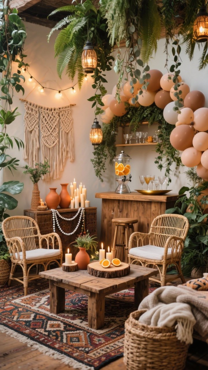 Photorealistic medium shot of a Boho Botanical Soirée seating area: rattan chairs around a low reclaimed-wood coffee table on a patterned kilim rug; macramé wall hangings and a cascade of hanging plants—pothos, ferns, and eucalyptus garlands; string lights and lanterns with clusters of pillar candles on wood slices for warm ambient glow; bar setup with glass drink dispensers featuring citrus slices, vintage goblets, and brass trays; accents of terracotta vases, bead garlands, and woven baskets full of blankets; a botanical balloon arch with muted balloons and sprigs of greenery framing the scene; earthy, lush texture