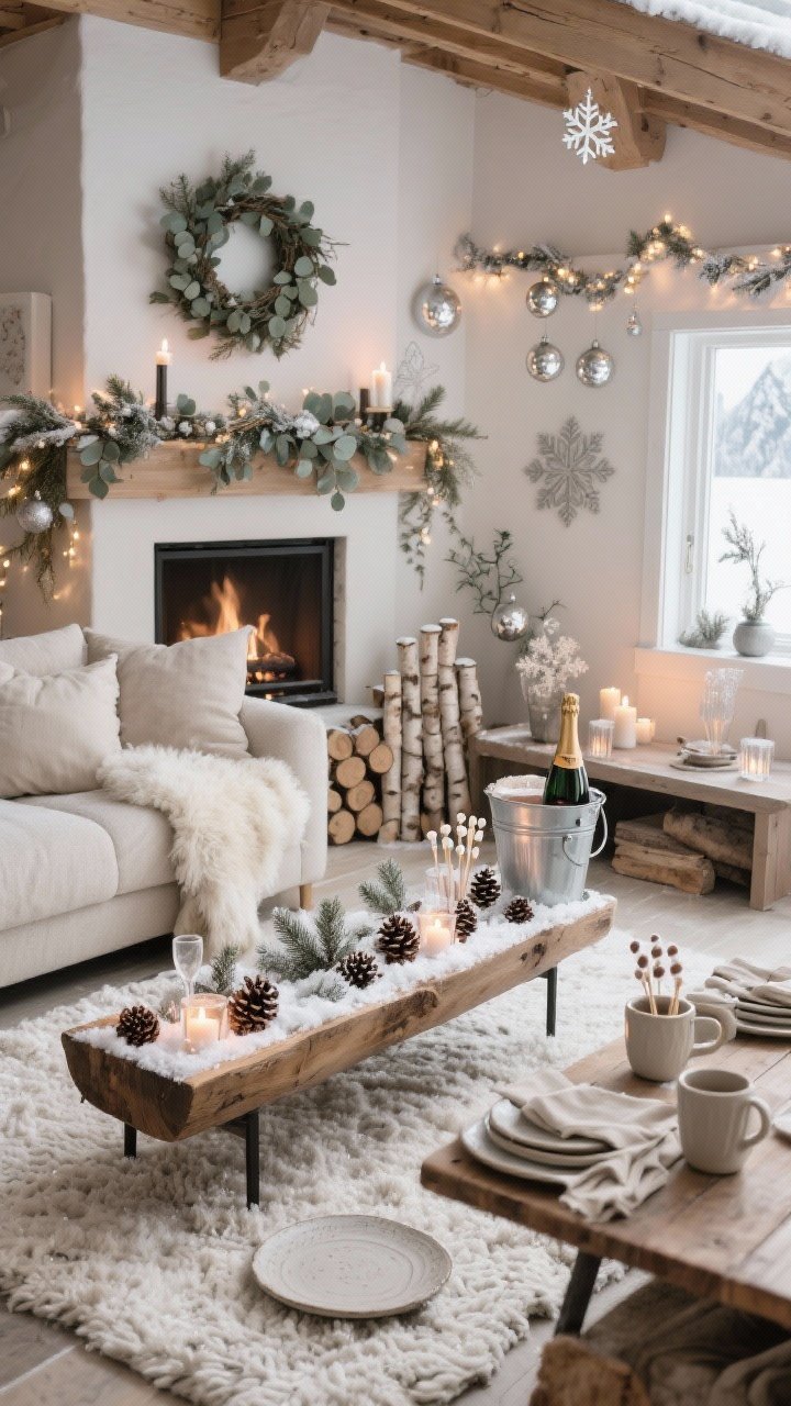 Photorealistic medium shot of a Frosted Alpine Chalet family room in soft neutrals: chunky wool rug layered with sheepskin throws and linen cushions; birch logs clustered by the fireplace; mantle draped with eucalyptus, pine, and fairy lights; a long wooden trough centerpiece filled with faux snow, tea lights, and pinecones on the coffee table; stoneware plates, linen napkins, and frosted glass votives on a side console; snowflake garlands, mercury glass ornaments, and a minimalist wreath; a hot cocoa and champagne station with ceramic mugs, marshmallow skewers, and a chilled bucket of bubbly; warm candlelit winter ambience