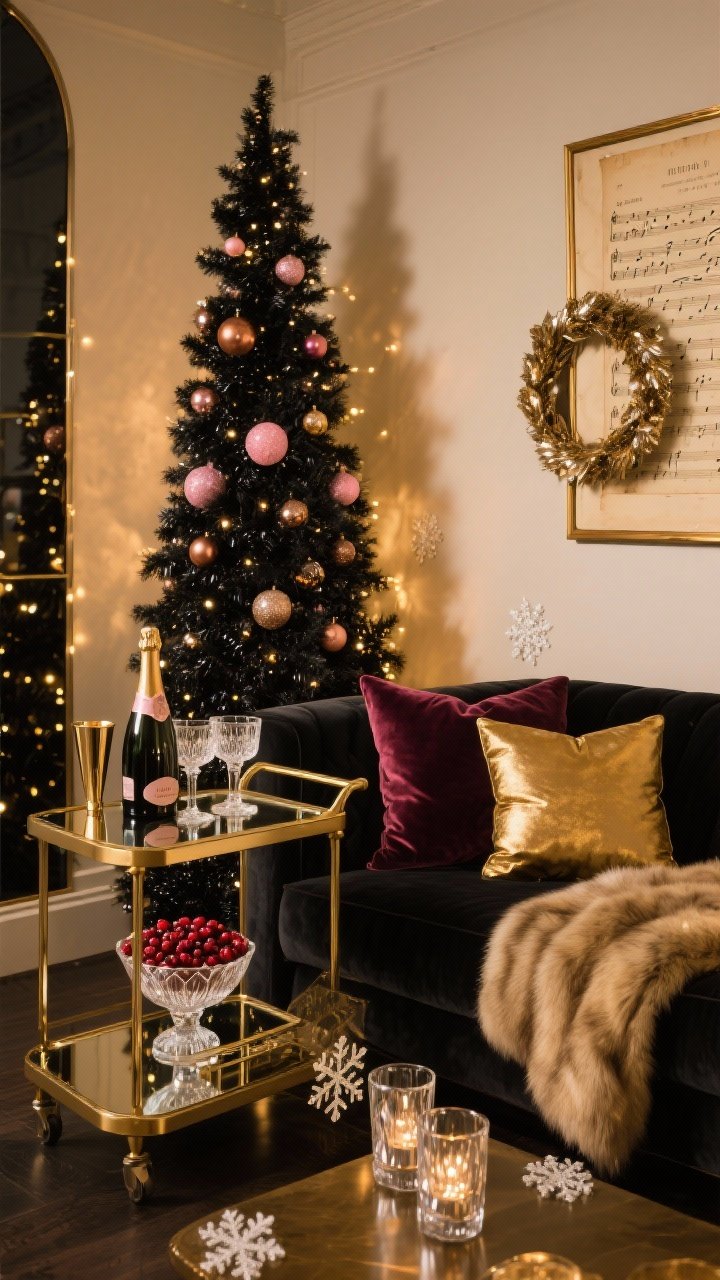 Photorealistic medium shot of a glam champagne lounge corner, angled perspective: slim black metallic tinsel tree with champagne, blush, and bronze ornaments and delicate warm micro-LED twinkle; mirror-topped bar cart featuring cut-crystal coupes, a bowl of sugared cranberries, and a gold cocktail shaker; velvet sofa pillows in deep merlot and antique gold with a draped faux mink throw; wall moment of framed vintage sheet music with a metallic wreath; mercury glass votives and a few acrylic snowflakes adding subtle shine; luxe gold-on-gold palette balanced with smoky glass and black accents; evening cocktail-hour lighting, no people.
