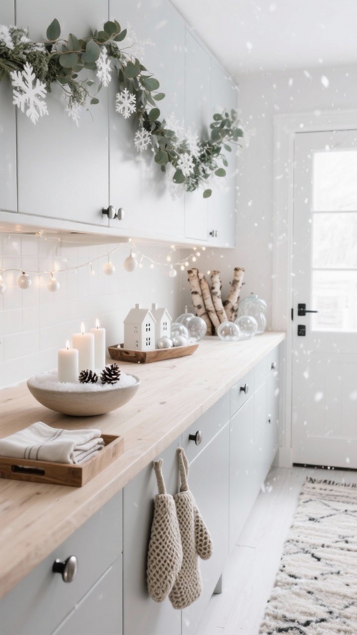 Photorealistic medium shot of a minimalist Scandinavian kitchen in crisp white, soft gray, and pale wood. Frosted eucalyptus garlands drape across upper cabinets with delicate paper snowflakes. A wide, low bowl on the pale wood island holds white pillar candles nestled in faux snow with bleached pinecones. Brushed nickel and matte black hardware, nubby wool runner on the floor, knitted potholders, waffle-weave napkins folded on a wooden tray. Warm white fairy lights tucked under open shelving. On a shelf, a small white ceramic village; nearby, clear glass baubles in a wooden tray and a birch log bundle by the back door. Soft, calm lighting, airy, quiet snowfall mood.