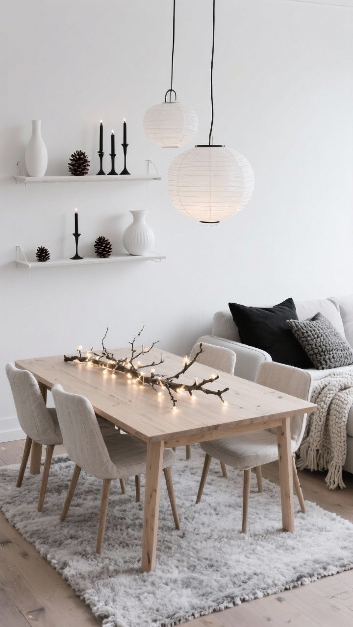 Photorealistic medium shot of a Nordic Spark dining/living vignette: white walls, pale oak dining table with linen slipcovered chairs, light gray wool rug underfoot. Minimal birch branch centerpiece draped with tiny warm-white string lights. On the adjacent sofa, chunky knit blankets and matte-black pillows provide contrast. Floating shelves styled with white ceramic vases, pinecones, and slender black candlesticks. Paper lantern pendants overhead casting a soft, frosted glow; palette of white, gray, pale wood, and matte black; cozy winter calm.