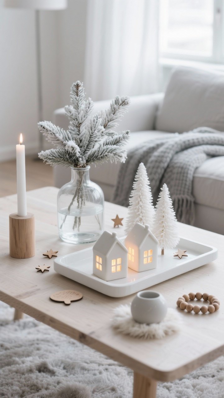 Photorealistic medium shot of a serene Scandinavian-style coffee table vignette: a matte white tray centered on a light wood table, holding small ceramic house luminaries with warm LED tea lights glowing from within; a low, wide clear glass vase with snow-dusted faux pine branches; white bottle brush trees and a scatter of tiny wood stars. Include a single unscented white pillar candle on a minimalist wood pedestal, sheepskin-style coasters, matte ceramics, and raw wood beads. Palette of white, soft gray, and natural wood, with a folded gray knit throw draped on the sofa nearby. Soft, diffused winter daylight for a hushed, calm mood, straight-on angle.