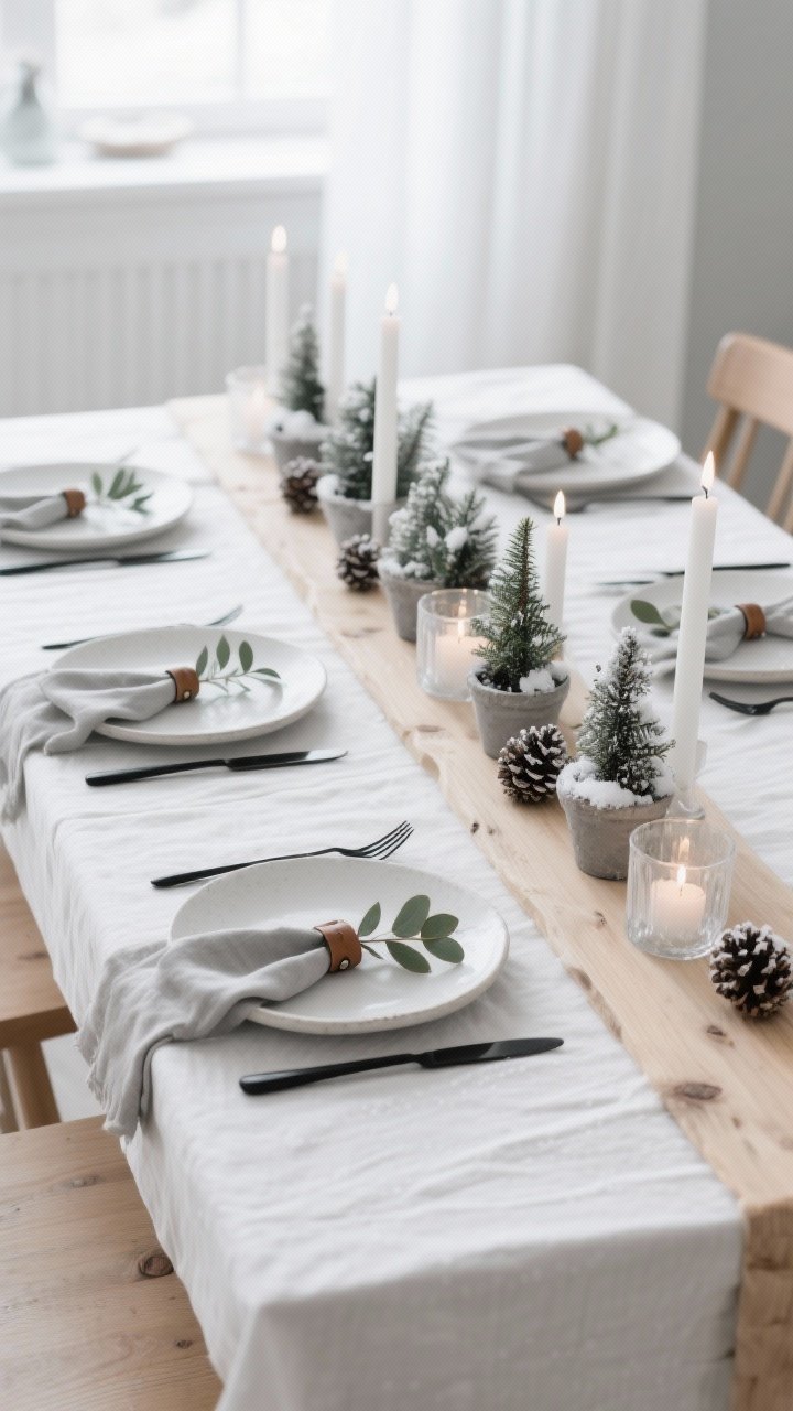 Photorealistic medium shot of a serene Scandinavian Christmas tablescape: ivory linen tablecloth, a blonde wood runner down the center, white stoneware plates with matte black flatware, soft gray napkins with leather napkin rings, and a single eucalyptus sprig on each plate. Airy centerpiece with a line of mini potted evergreens, frosted glass votive candles, and pinecones dusted with faux snow. Soft morning natural light, muted palette of white, soft gray, natural wood, and subtle black accents. Clean, minimal styling with linen, matte ceramic, and frosted glass textures.