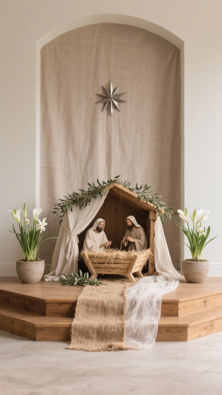 Photorealistic medium shot, straight-on, focusing on a Nativity-centered chancel: a simple wooden manger scene on a raised platform draped with natural linen, layered with a jute runner and soft gauze fabric. Sprigs of olive or eucalyptus tucked around the figures. Behind, a neutral fabric backdrop in oatmeal or soft taupe with a subtle metal starburst pinned above the manger. Two low, wide planters with paperwhites or amaryllis flank the scene. Palette of oatmeal, ivory, muted green, and warm wood; gentle, reverent lighting; no people.