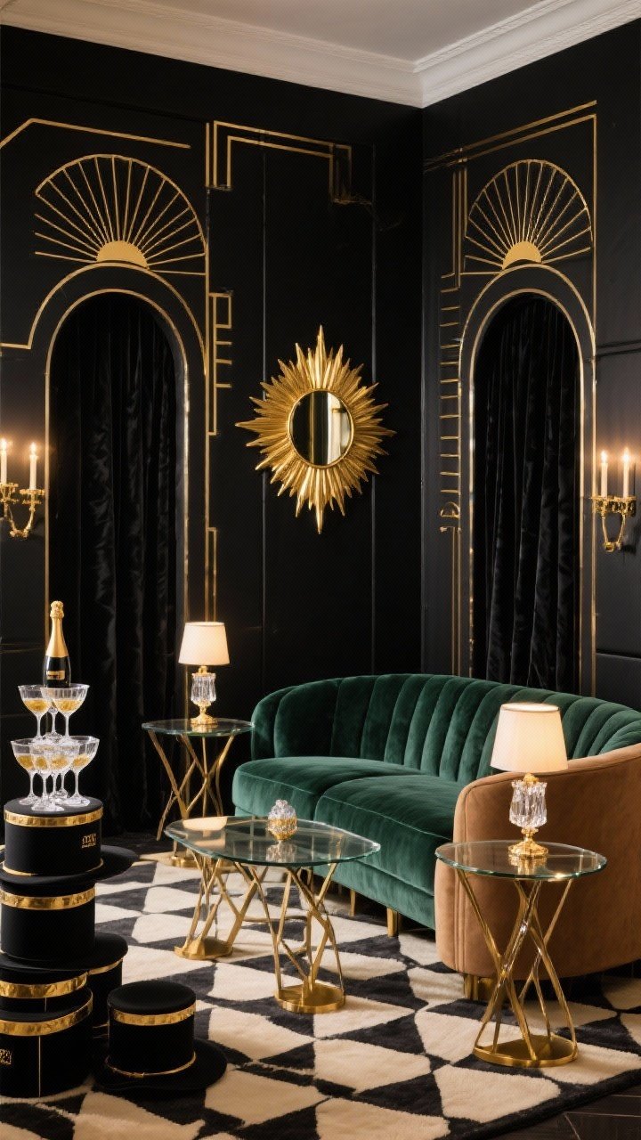 Photorealistic medium straight-on shot, Art-Deco Black & Gold Salon: a black panel backdrop with precise gold deco linework—fan motifs, sunbursts, and stepped arches in metallic paint; flanking arched room dividers upholstered in black velvet; a curved camelback velvet sofa in deep emerald providing lush contrast; smoked glass side tables with angular brass bases, each topped with a petite crystal lamp emitting warm light; stacked black-and-gold hatboxes and a dramatic champagne tower of coupe glasses; a cream-and-black geometric rug grounding the scene; a gold sunburst mirror slightly off-center reflecting warm glow; LED candelabras tucked at edges enhancing decadence, no people.