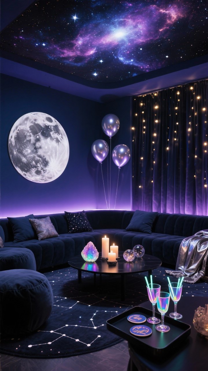 Photorealistic medium-wide den transformed into a Cosmic Midnight Galaxy lounge in deep navy, violet, and midnight black: low seating with floor cushions and poufs around a black coffee table topped with holographic candles, geodes, and glass orbs; walls washed with LED uplights and twinkling curtain lights; star projector casting nebula patterns across the ceiling; backdrop of metallic moon phases and floating silver balloons; iridescent flutes and glow-in-the-dark stir sticks on a side tray; constellation coasters and metallic blankets for cozy stargazing; moody, ethereal glow