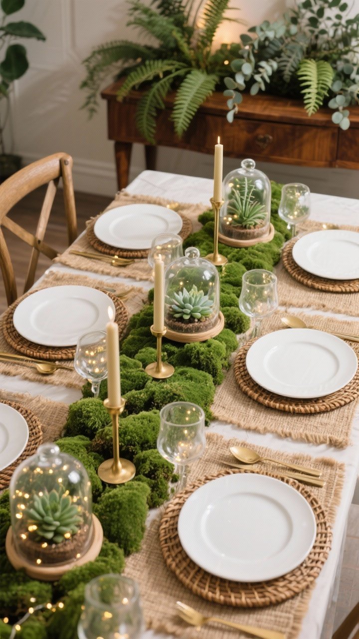 Photorealistic overhead detail shot of a Winter Garden Gala dining tablescape: moss runners down the center, brass taper holders, white ceramic plates on rattan chargers atop a natural jute rug texture visible at edges. Small glass cloches covering succulents with tiny string lights glowing inside. Palette of emerald, moss, ivory, and antique gold. Hints of warm walnut from a nearby console layered with ferns and eucalyptus; lush botanical vibe with soft, warm lighting.