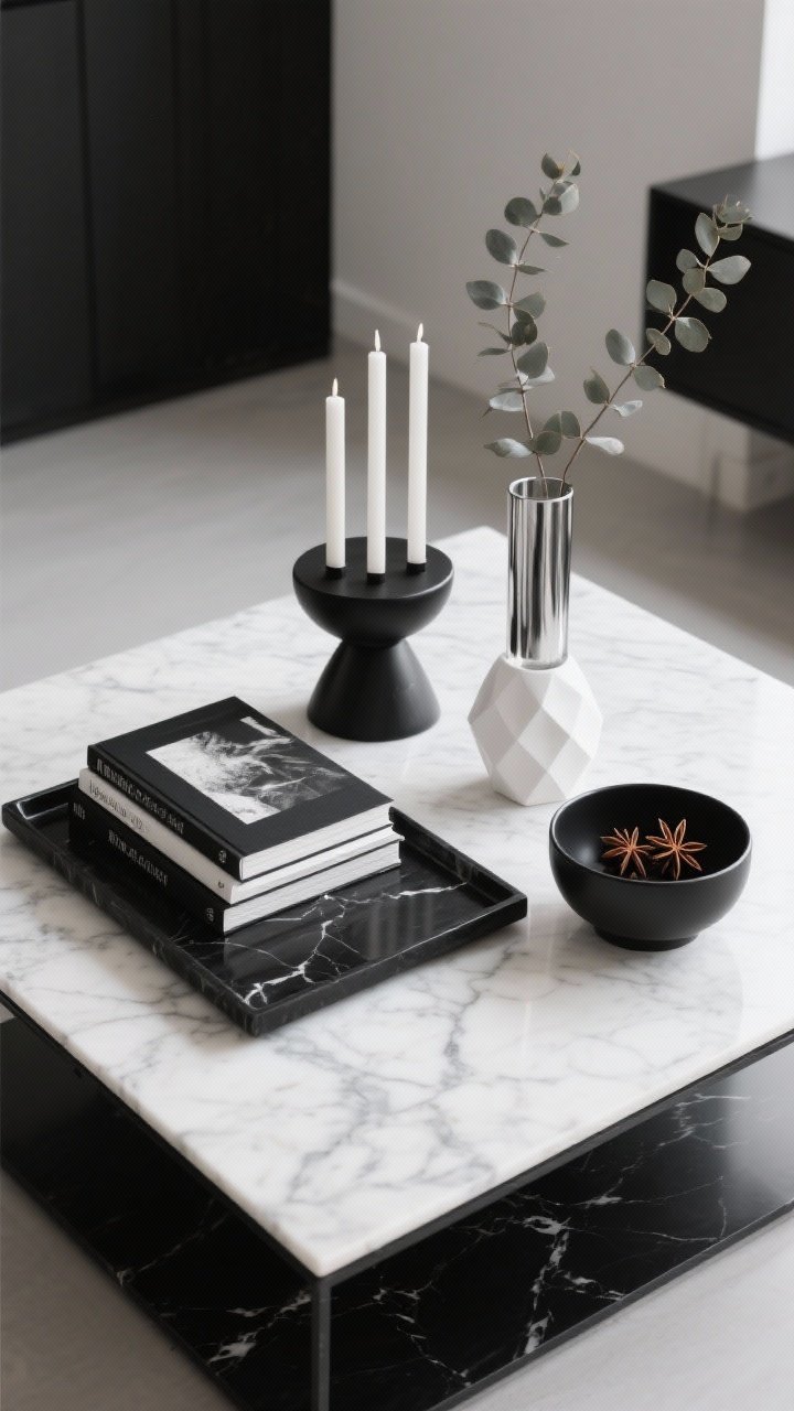 Photorealistic overhead shot of a modern minimalist monochrome coffee table: a sleek black marble tray with soft veining; a sculptural matte black candleholder holding three thin white tapers; a stack of two art books with black-and-white spines; a single matte white geometric ornament; and a compact black ceramic bowl filled with star anise. One linear eucalyptus stem stands in a slim cylinder vase with a hint of chrome or smoked glass. Keep profiles low and uncluttered, palette strictly black, white, and subtle chrome, with clean lines and balanced heights under soft, even daylight.