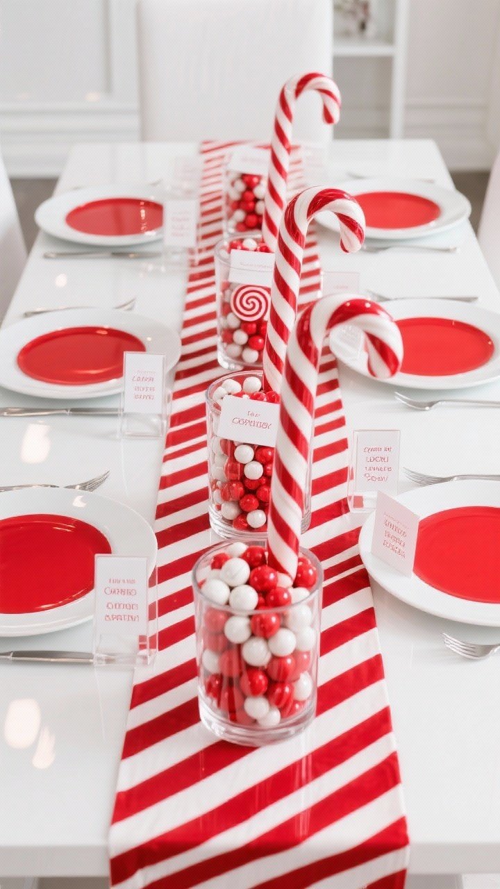 Photorealistic overhead shot of a playful Candy Cane Pop Art tablescape: glossy white table surface with a bold red-and-white striped runner. Bright red dinner plates topped with white salad plates; acrylic place card holders. Center row of oversized candy canes standing in clear cylinders filled with red-and-white gumballs, accented with peppermint swirl ornaments. Clean, high-contrast lighting, shiny ceramic, acrylic, and glass textures; palette of red, white, and a hint of silver.