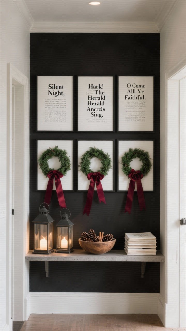 Photorealistic straight-on hallway shot, medium-wide: a neat grid of thin black frames containing black-and-white hymn lyric prints for “Silent Night,” “Hark! The Herald Angels Sing,” and “O Come All Ye Faithful.” Between frames hang three small matching wreaths with long silk ribbon tails in deep green or burgundy. Below, a narrow console ledge holds two lanterns, a bowl of cinnamon-scented pinecones, and a tidy stack of bulletins or devotionals. Palette is black, white, evergreen, and burgundy; matte paper to reduce glare; soft corridor lighting; no people.