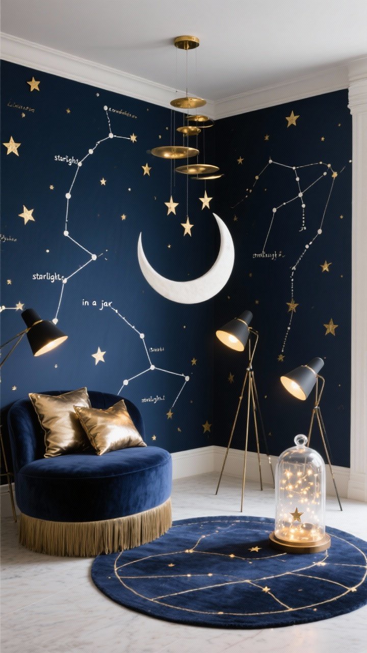 Photorealistic wide corner shot, Celestial Constellation Corner: deep navy backdrop dotted with gold star decals and hand-drawn white constellations labeled in tiny script; a suspended crescent moon prop in matte white or brushed brass as centerpiece; a curved midnight-blue velvet ottoman with metallic-fringe pillows; slim tripod floor lamps with black shades and gold interiors creating dim, directional celestial glow; a glass cloche filled with twinkling fairy lights as “starlight in a jar”; a round navy celestial rug with delicate golden lines centering the scene; a few slow-spinning star mobiles catching light subtly, no people.