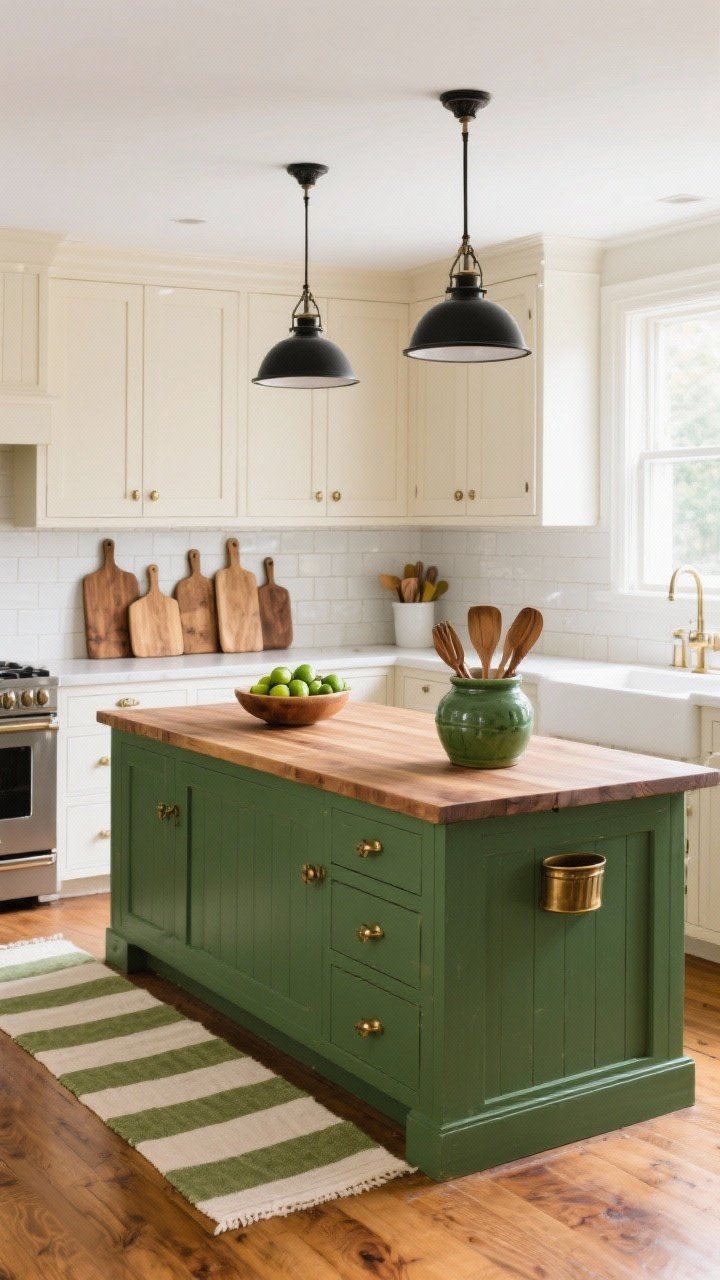Photorealistic wide kitchen shot, fresh farmhouse style: deep hunter green painted island with butcher block top, perimeter cabinets in almond white shaker fronts, aged brass bin pulls, two matte black pendant lights over the island, olive and cream striped runner on warm wood floors, cluster of wooden cutting boards leaning against an almond white backsplash, bowl of limes on the island, sage ceramic crock with wooden utensils; bright, airy daylight, straight-on perspective emphasizing contrast of green island against light cabinetry.