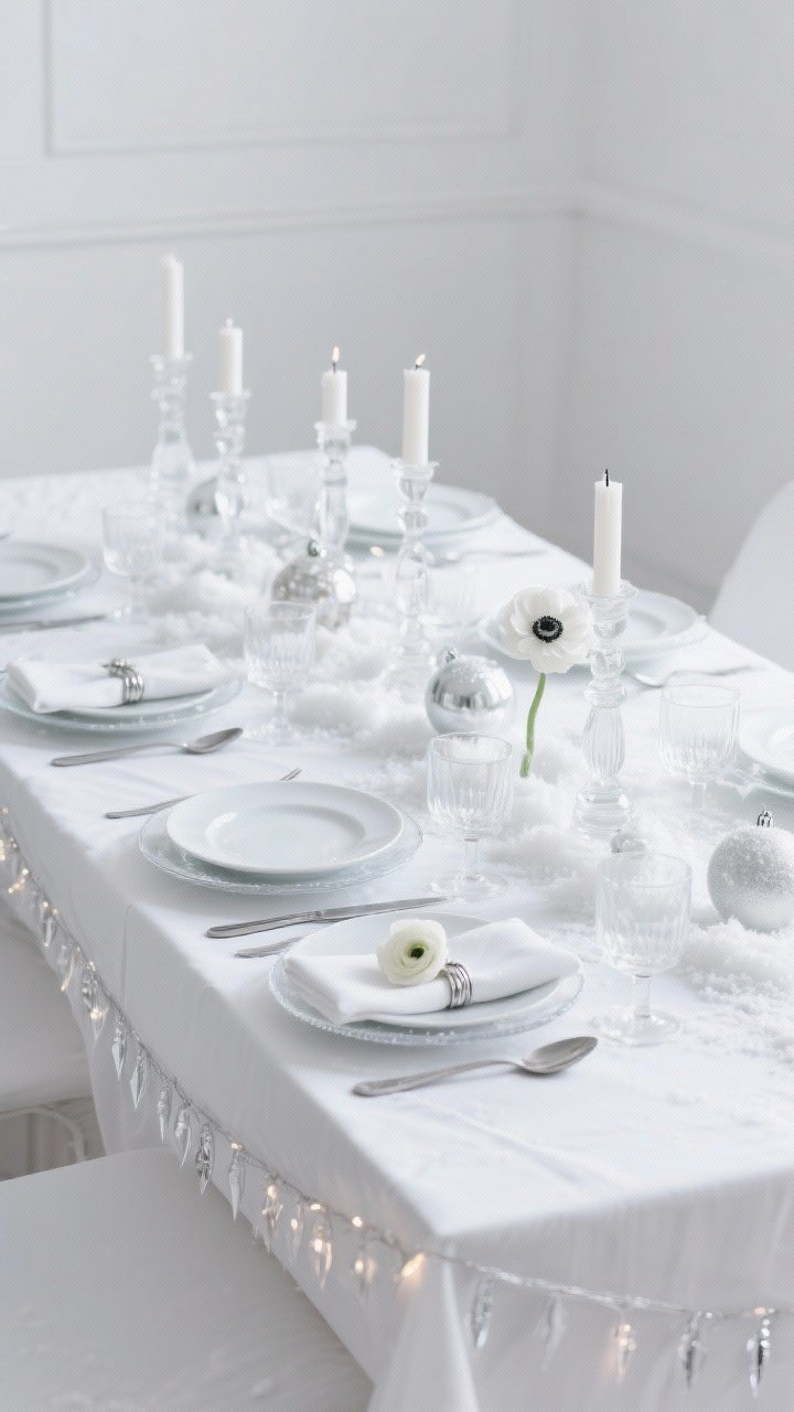 Photorealistic wide minimalist all-white table shot: white linen cloth, white porcelain dishes on clear glass chargers, straight-sided clear glasses, and simple stainless flatware. Center clusters of clear and white candlesticks, translucent ornaments, and a dusting of faux snow. White napkins with delicate silver napkin rings and a single white anemone or ranunculus at each setting. Cool, soft lighting with a whisper of silver; icicle-style string lights along the table edge adding subtle shimmer.