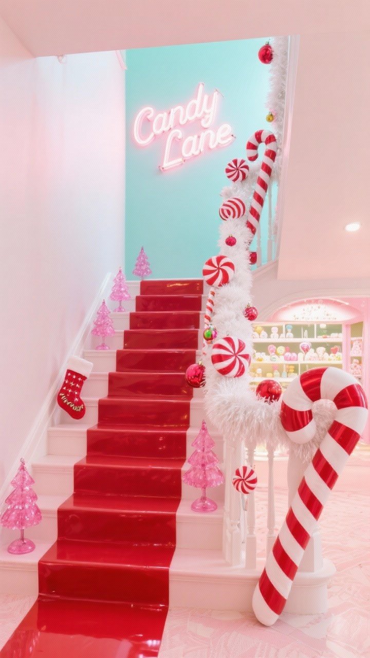 Photorealistic wide, playful straight-on shot of a “Candy Cane Lane” staircase: banister wrapped with red-and-white striped ribbon alongside a fluffy white tinsel garland; oversized candy ornaments—lollipops, peppermint wheels, wrapped sweets—spaced evenly up the rail; steps dotted with pink glass trees and striped stockings in candy colors; glossy runner in red or blush down the stairs; palette of red, white, blush pink, hint of mint; bright, cheerful lighting like a sweet shop window; a whimsical “Candy Cane Lane” sign in neon or marquee lights at the landing; no people.