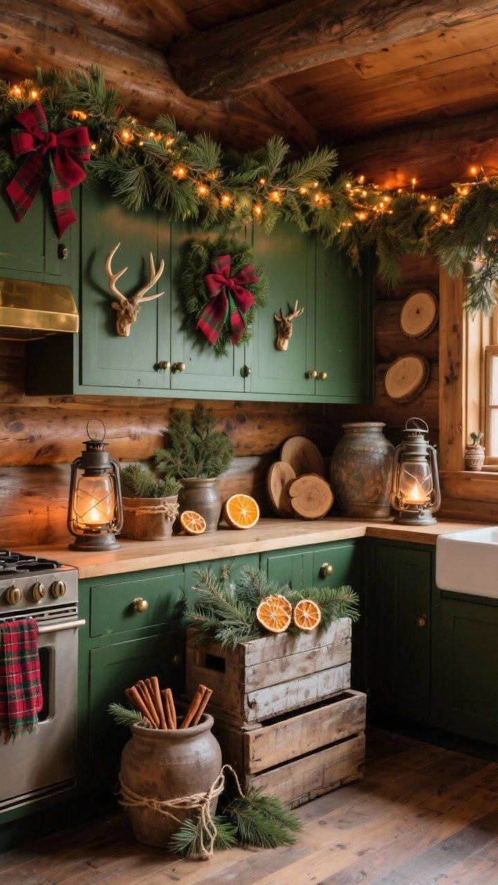 Photorealistic wide room shot from a corner angle of a rustic lodge kitchen upper cabinetry: a thick real-touch cedar garland runs the full length above the cabinets, woven with amber fairy lights. Layer vintage lanterns, antique crocks, and weathered wooden crates tipped on their sides to build height. Tuck in cedar sprigs, dried orange slices, cinnamon sticks bound with twine, plus plaid ribbon bows in deep cranberry and forest green, with small antler accents and wood slice coasters. Color palette: deep green, cranberry, walnut wood, warm brass. Mood: cabin-cozy, textured, nostalgic. No people.