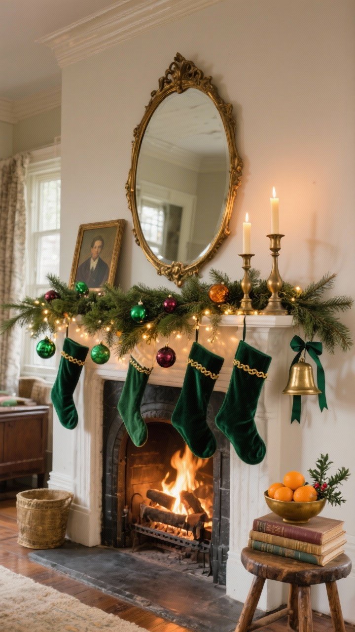 Photorealistic wide room shot from a slight corner angle capturing a Vintage Hearth Glow mantel: an aged brass mirror centered above a cedar-and-pine garland swagged across the ledge, threaded with warm micro fairy lights. Tarnished brass candlesticks with beeswax tapers flicker. Vintage-style glass ornaments in emerald, garnet, and amber nestle in the greenery. Deep green velvet stockings with gold cord trim hang neatly. A small oil portrait leans casually off-center. Brass bells and velvet ribbon tails dangle, with a bowl of clementines on the mantel. By the hearth, an old wooden stool holds a stack of well-loved books and a sprig of holly. Golden, intimate, firelit mood.