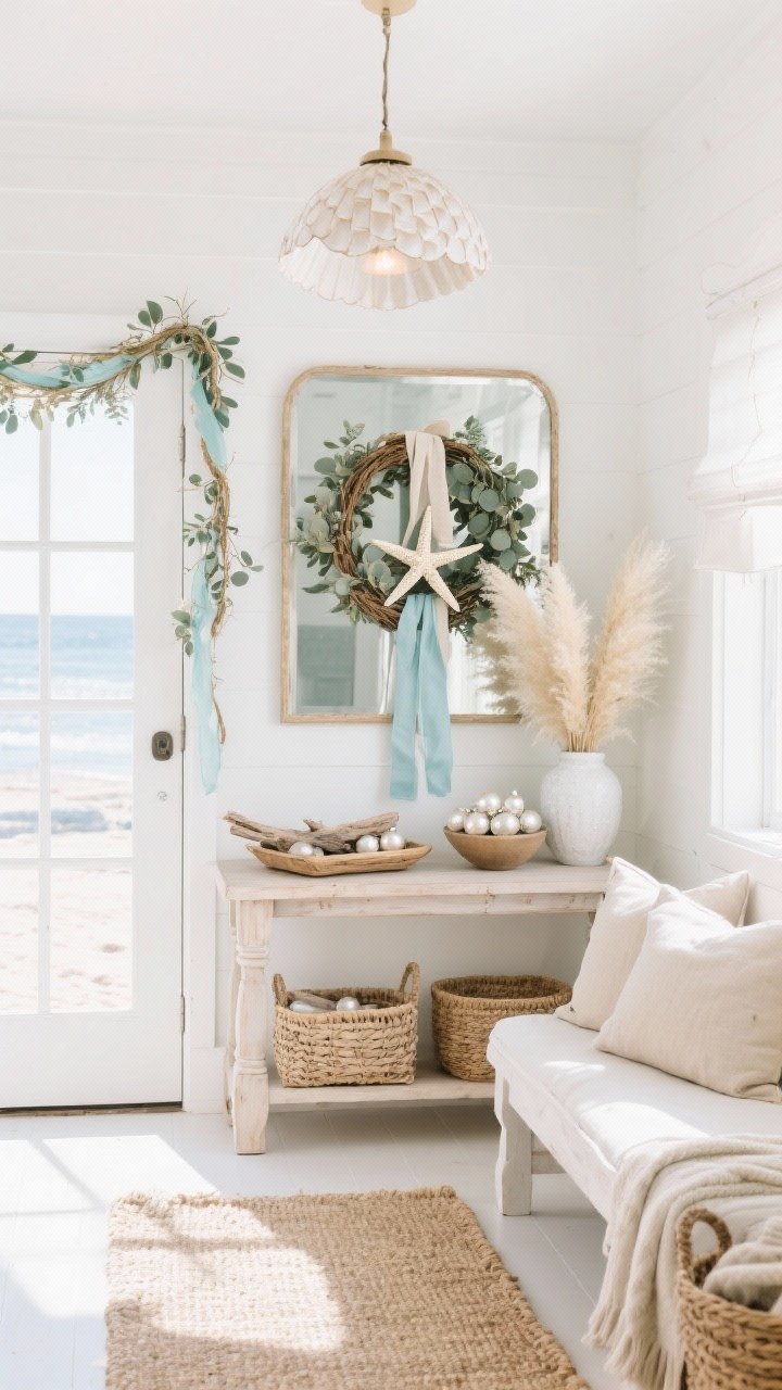 Photorealistic wide shot, Coastal White Christmas Breeze entry: light oak console styled with a woven tray of driftwood, a bowl of pearly ornaments, and a vase of airy pampas grass; rope garland intertwined with eucalyptus and pale sea-glass blue ribbons draped across a mirror; natural jute/sisal rug for sandy texture; eucalyptus wreath with bleached starfish and linen ribbon; capiz shell pendant overhead casting a soft glow; white-washed bench with oatmeal linen pillows and a basket of cozy throws; palette of white, sandy beige, sea-glass blue; bright, sunlit, airy coastal ambiance, no people.