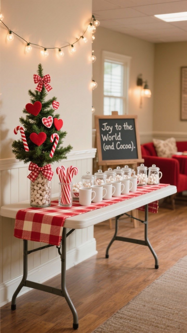 Photorealistic wide shot of a fellowship hall cocoa station from an angled corner view: a folding table with a red-and-cream buffalo check runner, white ceramic mugs neatly lined, clear glass jars of marshmallows, and peppermint sticks standing in a tall vase for height. A string of warm white lights hangs above. A small tabletop tree decorated with felt hearts, candy canes, and red gingham bows sits at one end. A chalkboard sign reads “Joy to the World (and Cocoa).” Palette of cherry red, cream, and evergreen; textures include checkered fabric, ceramic, and glass; cozy, warm lighting; no people.