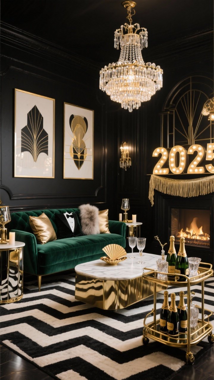 Photorealistic wide shot of an Art Deco Champagne Lounge living room in black, gold, and cream: a deep emerald velvet tuxedo sofa with faux fur throws and satin pillows, flanked by mirrored side tables and a marble coffee table; geometric art deco prints on the wall, a tiered crystal chandelier scattering glittering light, black-and-white chevron rug underfoot; gold bar cart with coupe glasses, crystal decanters, and a tower of mini champagne bottles; scalloped trays, fan-shaped candleholders, a bold “2025” marquee across the mantel with a fringed banner; polished metallic finishes, cinematic evening lighting