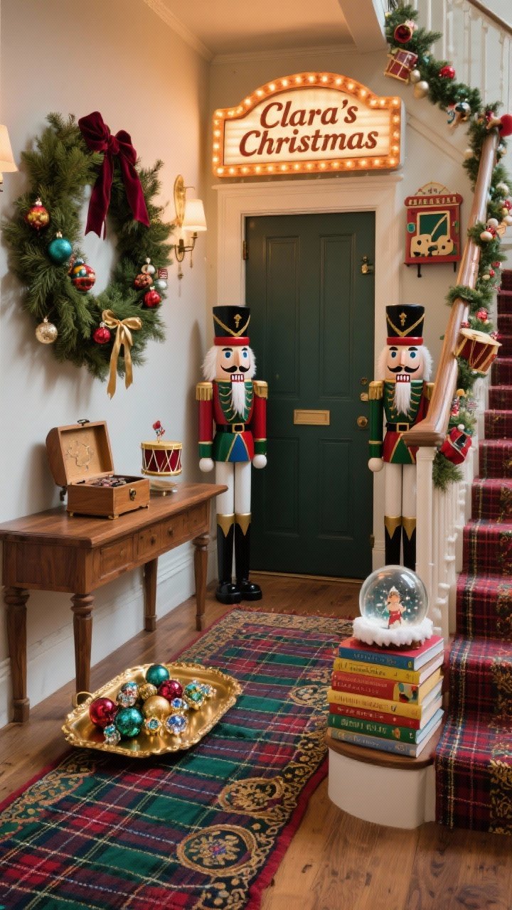 Photorealistic wide shot, Storybook Nutcracker Nook entry: tall nutcracker figures flanking the doorway; mid-tone wood console with a tartan runner, gilded tray of jeweled ornaments, and a stack of children’s holiday books topped with a snow globe; tartan or jewel-toned Persian-inspired runner on the floor; full pine wreath with velvet ribbon tails and miniature drum ornaments; toy soldier garland along the stair; music box displayed; a miniature theater marquee lightbox reading “Clara’s Christmas”; rich emerald, ruby, navy, and gold palette; whimsical, theatrical holiday charm, warm ambient lighting, no people.