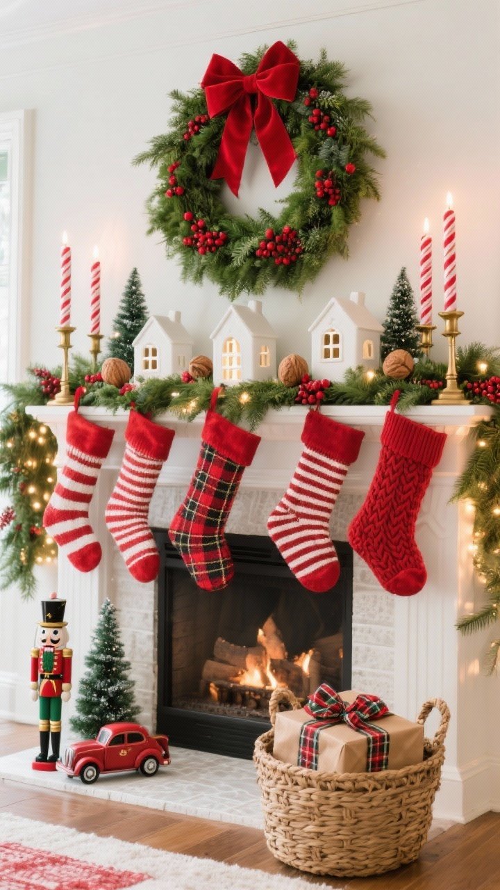 Photorealistic wide shot, straight-on view of a Classic Red & Green Cheer mantel: a lush mixed evergreen garland studded with red berries spans the ledge, woven with a red velvet ribbon. White ceramic village houses with cutout windows glow softly along the garland. Above the mantel hangs a big wreath with a bold red bow. Flanking the scene are striped candy cane taper candles in brass holders. Stockings mix red-and-white stripe, buffalo plaid, and cable-knit red. Accents include mini nutcrackers and vintage toy cars carrying bottlebrush trees. Warm white lights with a few twinkling settings. A woven basket of gifts wrapped in kraft paper with plaid ribbons sits by the hearth. Bright, nostalgic, cheerful mood.