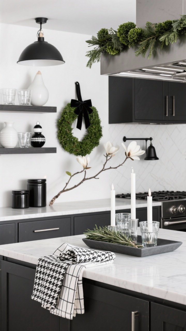 Straight-on medium shot of a modern minimalist kitchen in black, white, and charcoal with graphic greenery. Clean lines: slab-front cabinets, linear pendant lights. Matte black canisters and white ceramics on shelves, with clear glass tumblers filled with black-and-white ornaments. Bold boxwood wreaths hang with black velvet ribbon; a single sculptural magnolia branch lies on the counter. Patterns appear in accessories: houndstooth napkins, a striped runner, and grid tea towels neatly folded. Centerpiece on a charcoal tray: white taper candles and fresh rosemary bundles. Subtle shimmer from smoked glass votives and a black metal bell garland over the range hood. Crisp, curated, high-contrast lighting.