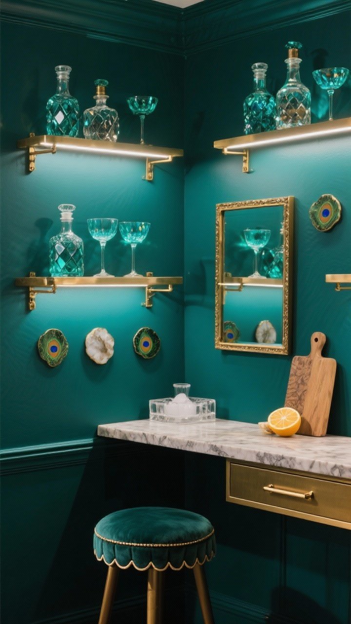 Tight medium shot, Jewel-Box Bar Nook: a compact corner painted peacock teal (rich jewel tone) with a wall-mounted brass shelf system showcasing faceted decanters, gem-toned coupes, and agate coasters; a velvet scallop bar stool tucked under a small stone-topped console with brushed brass pulls and gallery rails; shelves backlit with LED strip lighting making bottles glow; a petite framed mirror reflecting light; mini ice station and citrus board implied within a drawer; moody, luxe, photorealistic.