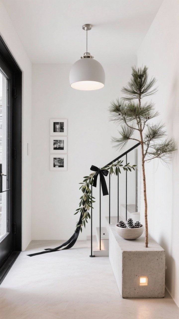 Wide, architectural straight-on shot of a modern minimal entry: black steel banister with a sleek asymmetrical garland of long-needle pine and a few olive branches, sparse and sculptural, anchored with matte black ribbon ties. One end trails onto the pale floor in a soft cascade. Pale concrete console with a single ceramic bowl of silvered pinecones; a monochrome photo grid on the wall. Simple round pendant overhead, brushed nickel accents, tones of charcoal and bone. A slim pencil tree in a concrete planter with only warm lights. Gallery-cool, crisp lighting, photorealistic.