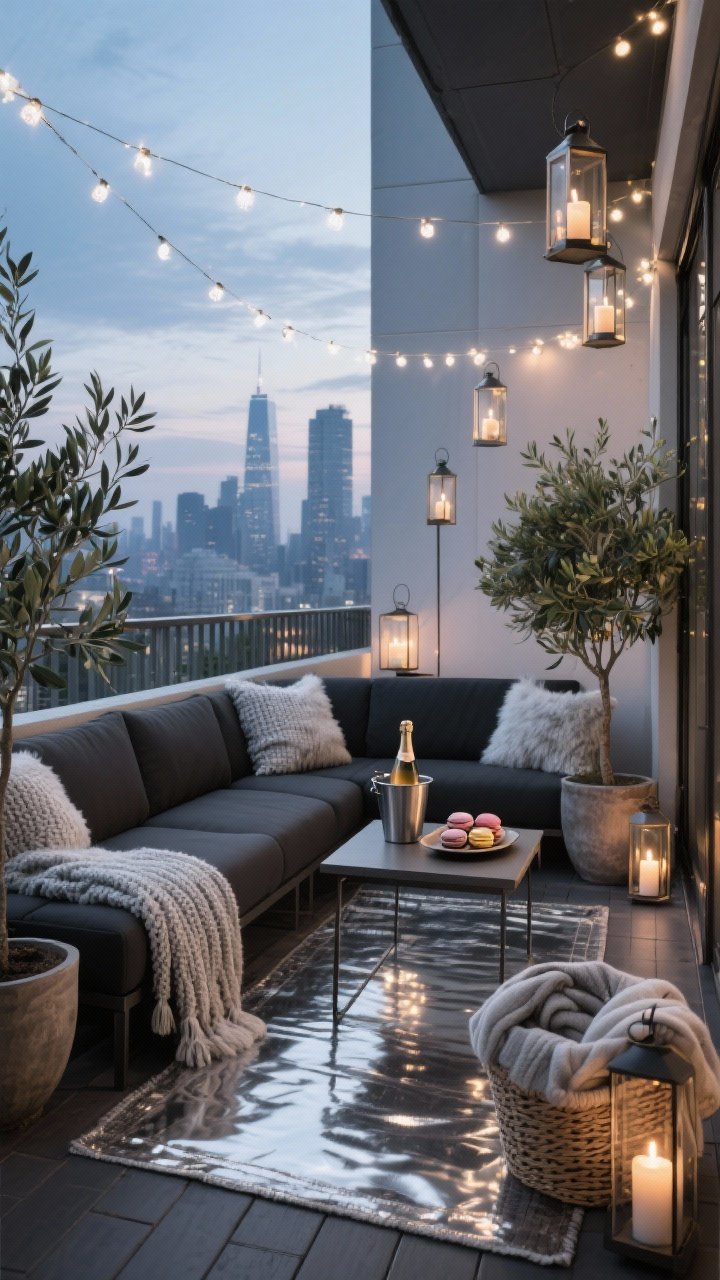 Wide balcony shot, Silver Skyline Balcony: chic outdoor lounge with charcoal seating (low-profile sectional) layered in silver knit throw blankets and faux-fur seat pads; metallic outdoor rug reflecting candlelight; warm-white fairy lights strung overhead; lanterns with LED candles at staggered heights; slim bistro table with a bucket of prosecco and a tray of macarons; potted olive trees adding soft green height; a woven basket holding cozy wraps; cool evening city backdrop, photorealistic.