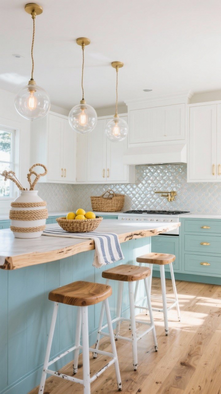 Wide, breezy coastal kitchen in bright daylight: misty blue lower cabinets with crisp white uppers; a blonde live edge ash breakfast bar extending off the island like a shoreline; pearl-toned fish-scale backsplash with subtle shimmer; clear glass globe pendants with warm Edison bulbs; pale wide-plank oak floors; white metal stools with teak seats; rope-wrapped vase, striped runner, woven baskets, bowl of lemons and linen tea towel; palette of seafoam, white, pale ash, soft gold; airy, sun-kissed mood; straight-on view.