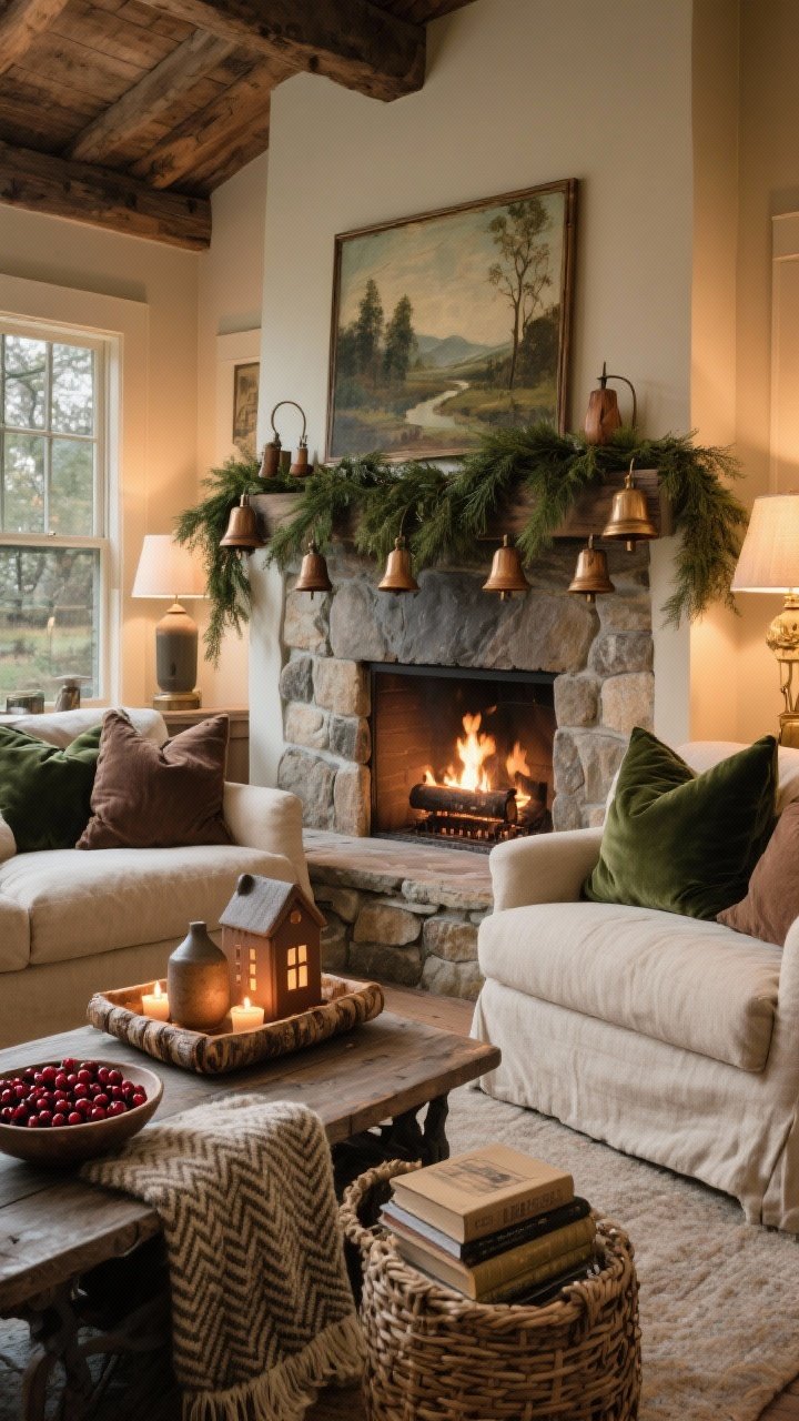 Wide, corner-angle shot of a rustic luxe family room: stone fireplace centered, built-ins painted warm putty on both sides; deep slipcovered oatmeal linen sofas with velvet pillows in pine and cocoa; thick cedar garlands across the mantel dotted with wooden bells, a vintage landscape painting leaning above; rough-hewn coffee table tray holding earth-tone ceramic houses lit from within; woven log basket, linen-bound books, wool herringbone throw; low bowl of cranberries with floating tea lights for a subtle pop; palette of oatmeal, putty, forest green, matte black, aged brass; warm, layered evening lighting with firelight and lamp glow.
