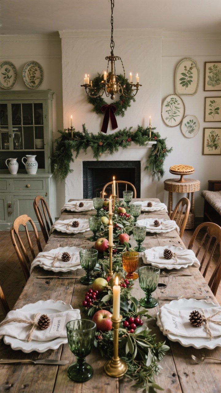 Wide dining room shot, Pantry-to-Parlor feast: weathered plank table set with beeswax tapers in brass sticks marching down the center; evergreen garlands sweeping from chandelier to mantel; simple white stoneware on scalloped chargers, linen napkins tied with twine, name cards tucked into miniature pinecones; vintage glassware in smoky green and amber catching candle glow; center line of cedar, olive, and ivy with dried apples and cranberries; seating mix of bentwood chairs and a long church pew with wool cushions; sideboard with ironstone pitchers of holly branches and a pie cooling on a wicker stand; wall plate gallery mingled with framed botanical prints tied with velvet ribbon; candlelit, Dickensian ambiance, slight diagonal angle.