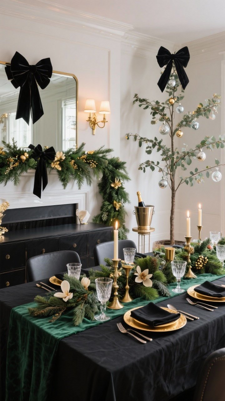 Wide, elegant dining room shot straight-on: mantle-to-table garland continuity. A sideboard drenched in a dark, lush mix of spruce, cedar, magnolia, spilling like a green waterfall with black velvet ribbons and gold-dipped eucalyptus. Dining table dressed in a black linen cloth with a deep green velvet runner; a low garland centerpiece with mixed brass holders and tapered candles. Place settings with gold-rimmed chargers, black flatware, and crystal coupes that catch candlelight. Mirror-backed sconces reflecting warm light; a champagne bucket on a pedestal stand. Slim tree in background with glass ornaments, mirror garlands, satin black bow topper. Dramatic, black-tie sparkle, photorealistic.