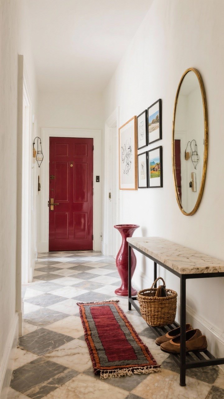 Wide entryway shot: exterior glimpse of a burgundy lacquered front door leading into an interior with mellow plaster white walls; checkerboard floor in warm gray and ivory stone for old-world charm; black metal console topped with travertine; above, a curated gallery wall of line drawings, travel photos, and small oil landscapes in slim black and oak frames, with one abstract piece featuring wine-red; arched brass-framed mirror reflecting light and elongating hallway; woven basket for shoes and a burgundy ceramic umbrella stand beside the console; vintage runner with burgundy, rust, and slate threading; polished yet personal mood; straight-on perspective.
