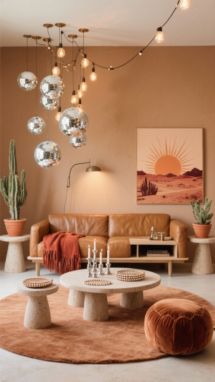 Wide living room, photorealistic: Modern Desert Disco featuring camel-toned walls and a giant clay-colored rug, a low tan leather sofa, and a pale wood media console. Rounded plaster side tables and terracotta planters with sculptural cacti ground the earthy look. Over the coffee table, multiple mirror balls hang at staggered heights, catching a warm Edison bulb strand and a focused spotlight for glittering reflections. Chrome candleholders, beaded coasters, and a desert sunburst print in apricot and rust decorate the space. A rust fringed throw and velvet poufs complete the laid-back yet sparkling vibe.
